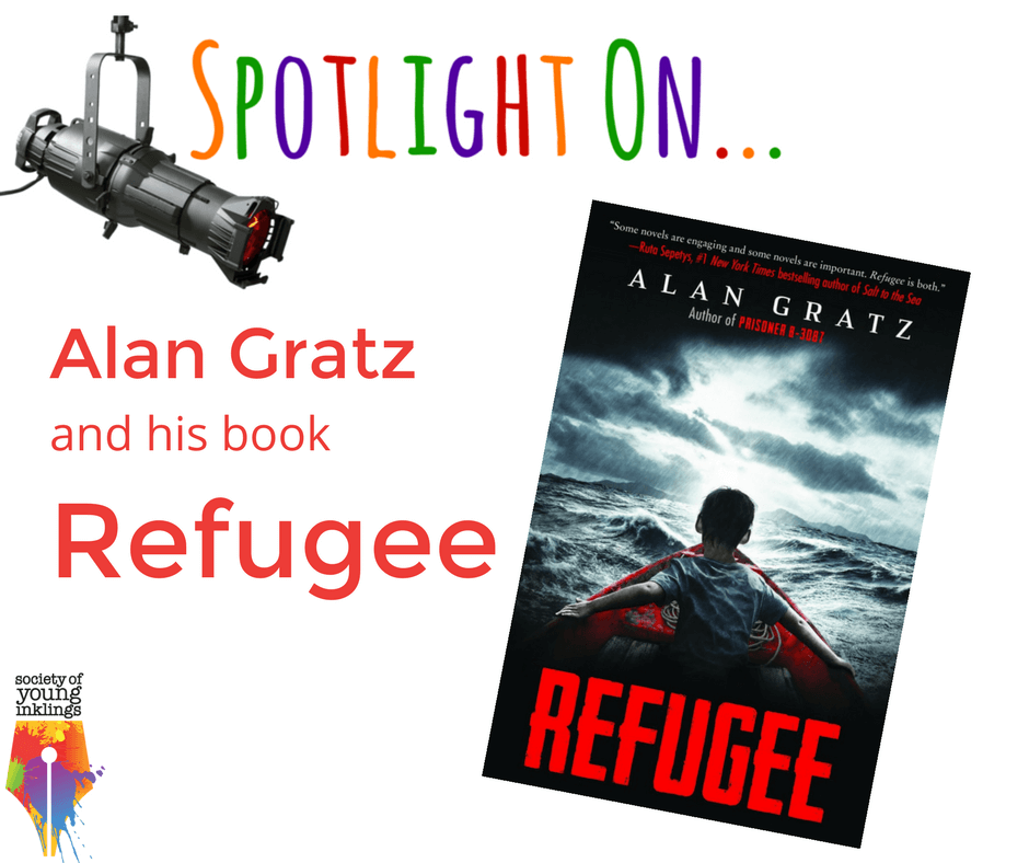 Spotlight image shining on Alan Gratz's book, Refugee.
