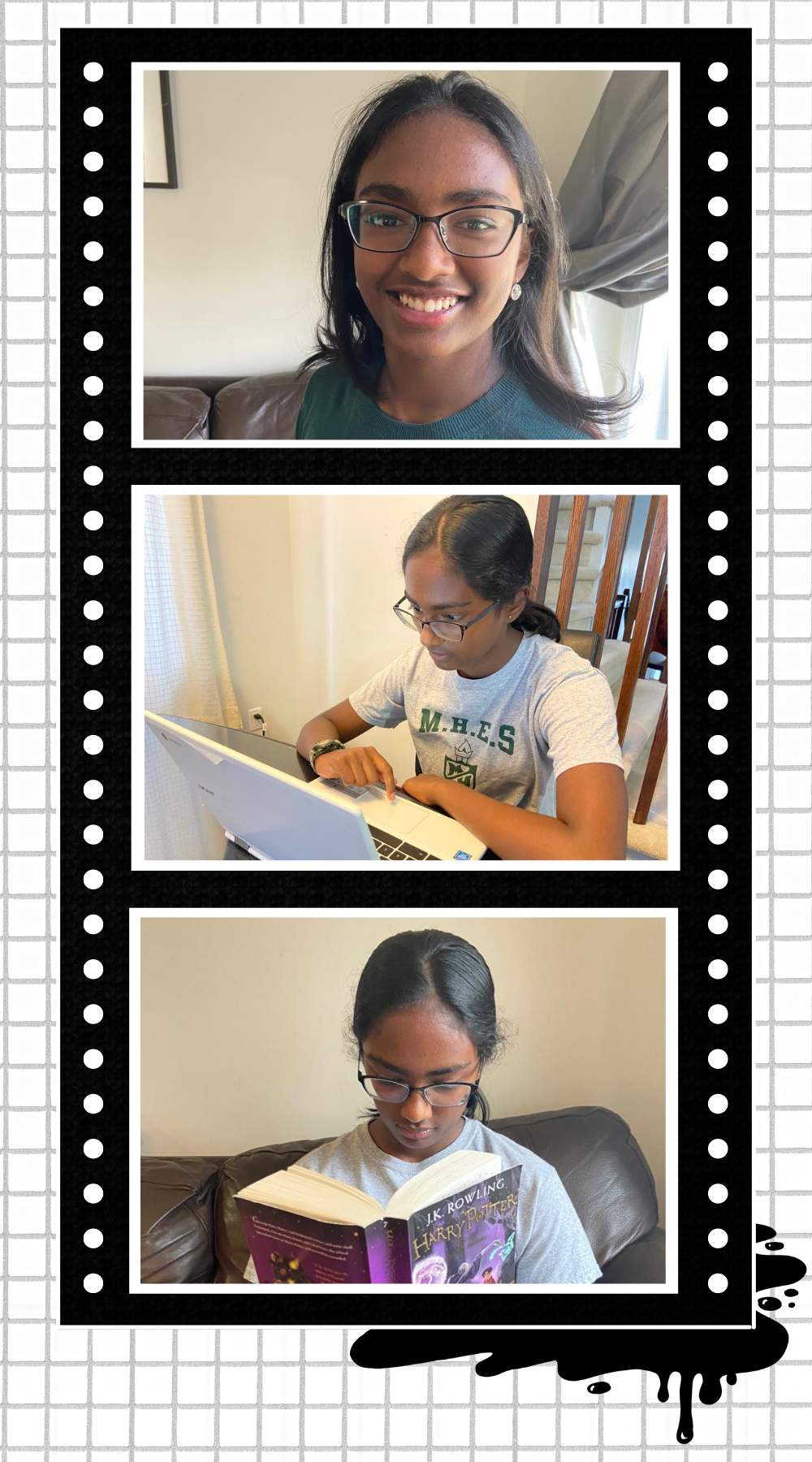 Aditi's Photo Strip Aditi Dinesh smiling, writing, and reading