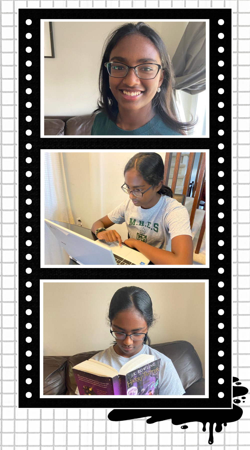 Aditi Dinesh smiling, writing, and reading