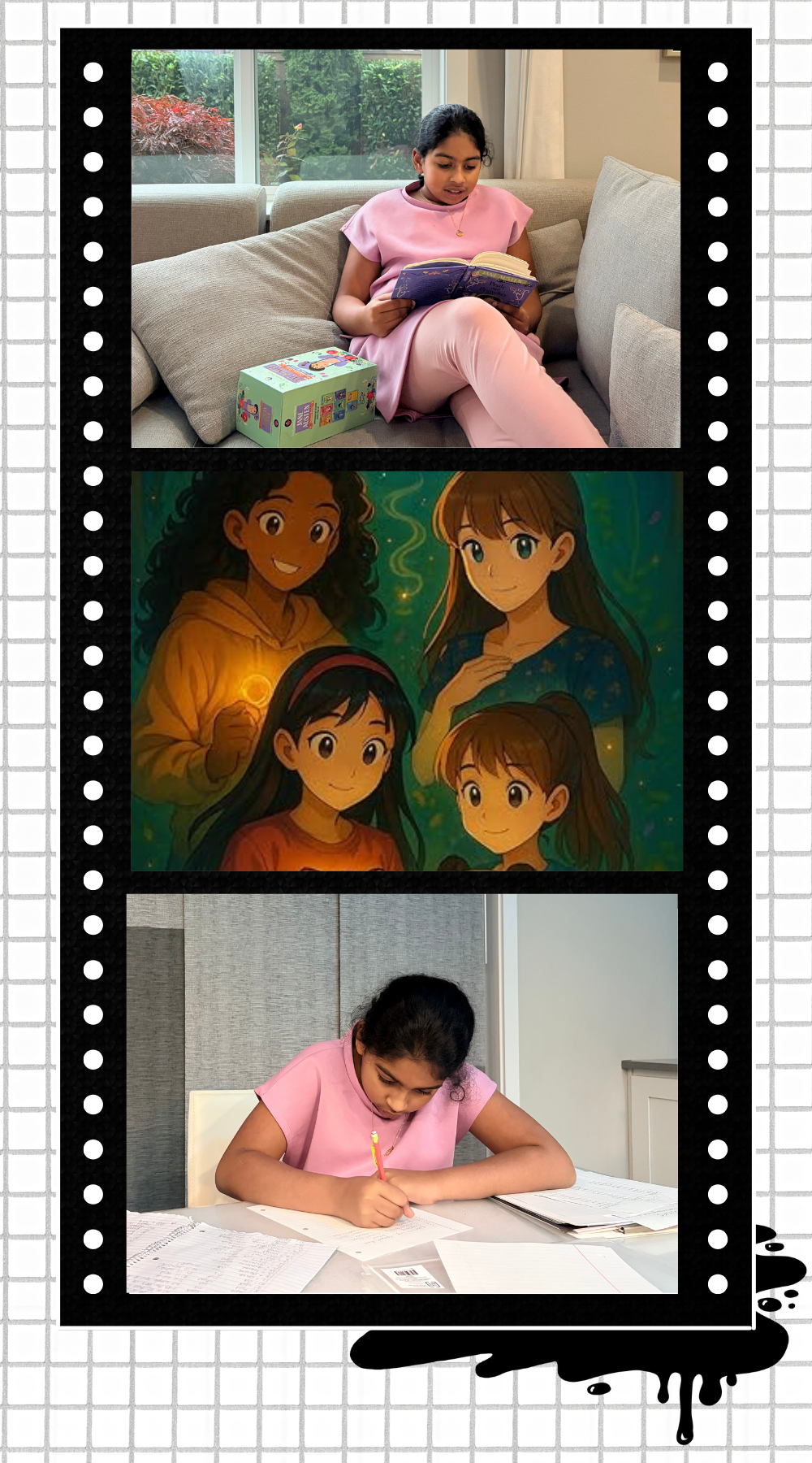 Author Sana Vinoth reading, writing an sharing her book.